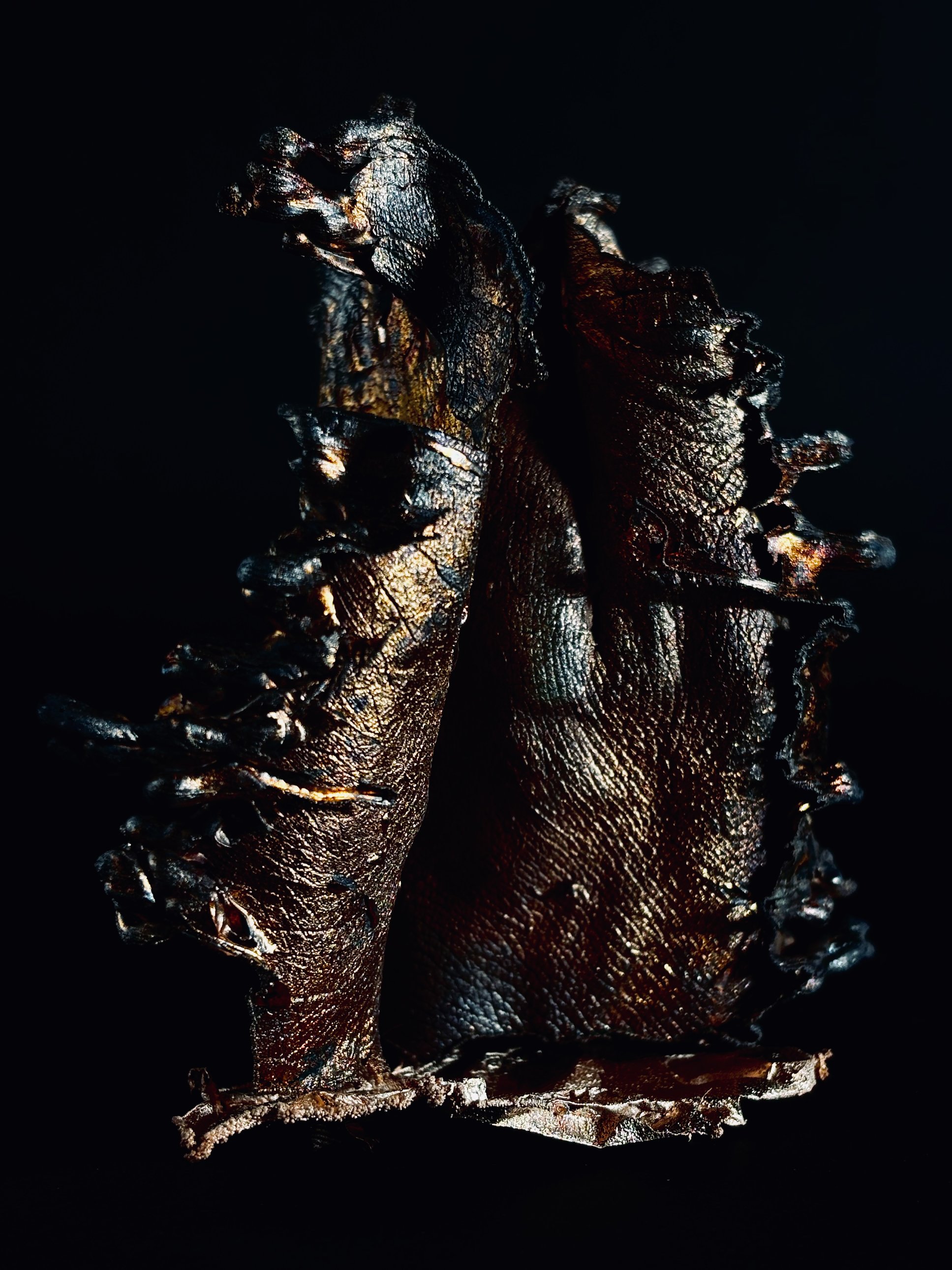 Thin copper sculpture photography in dark room.