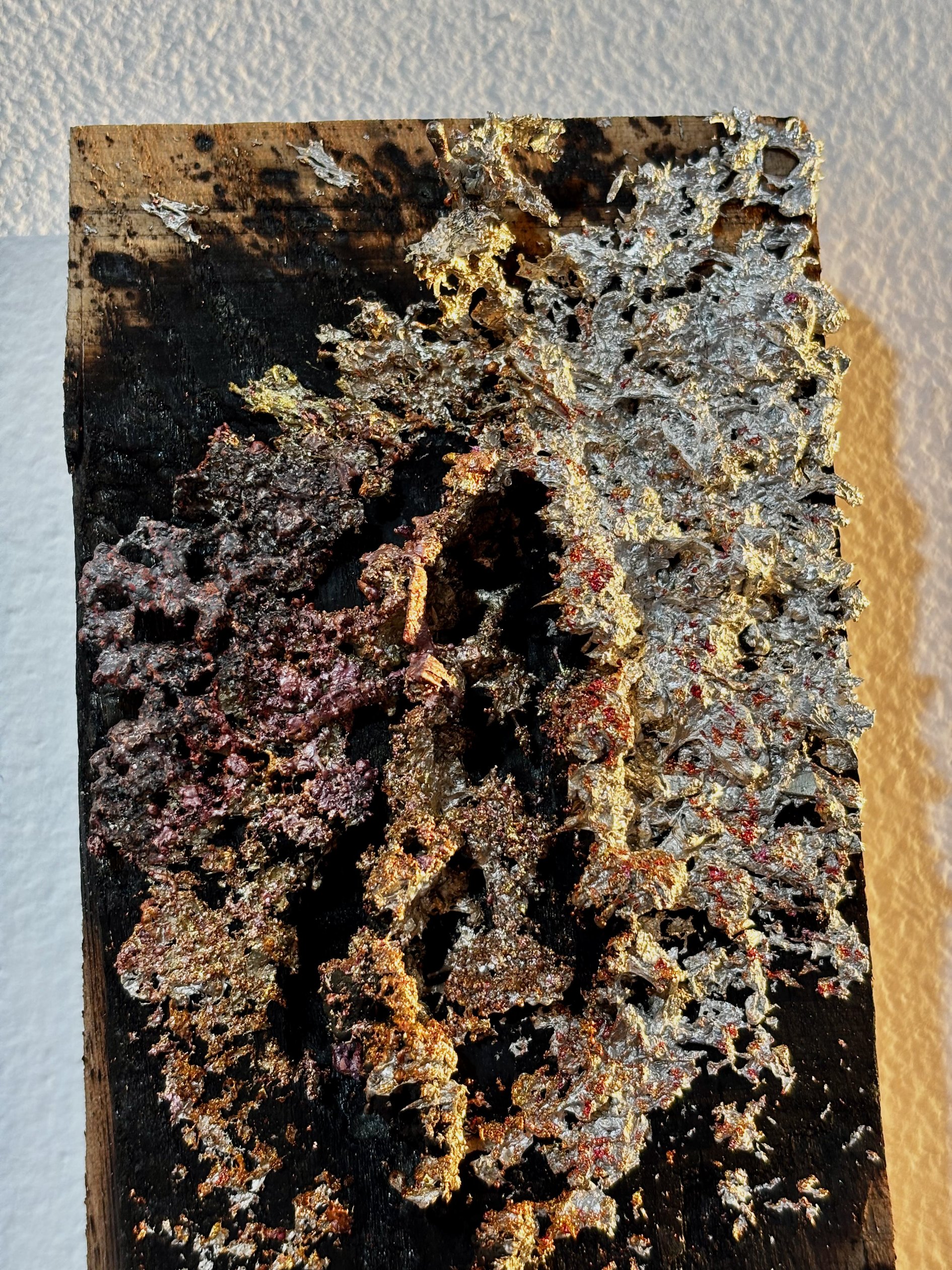 Detail of sprayed metal deposit on wood