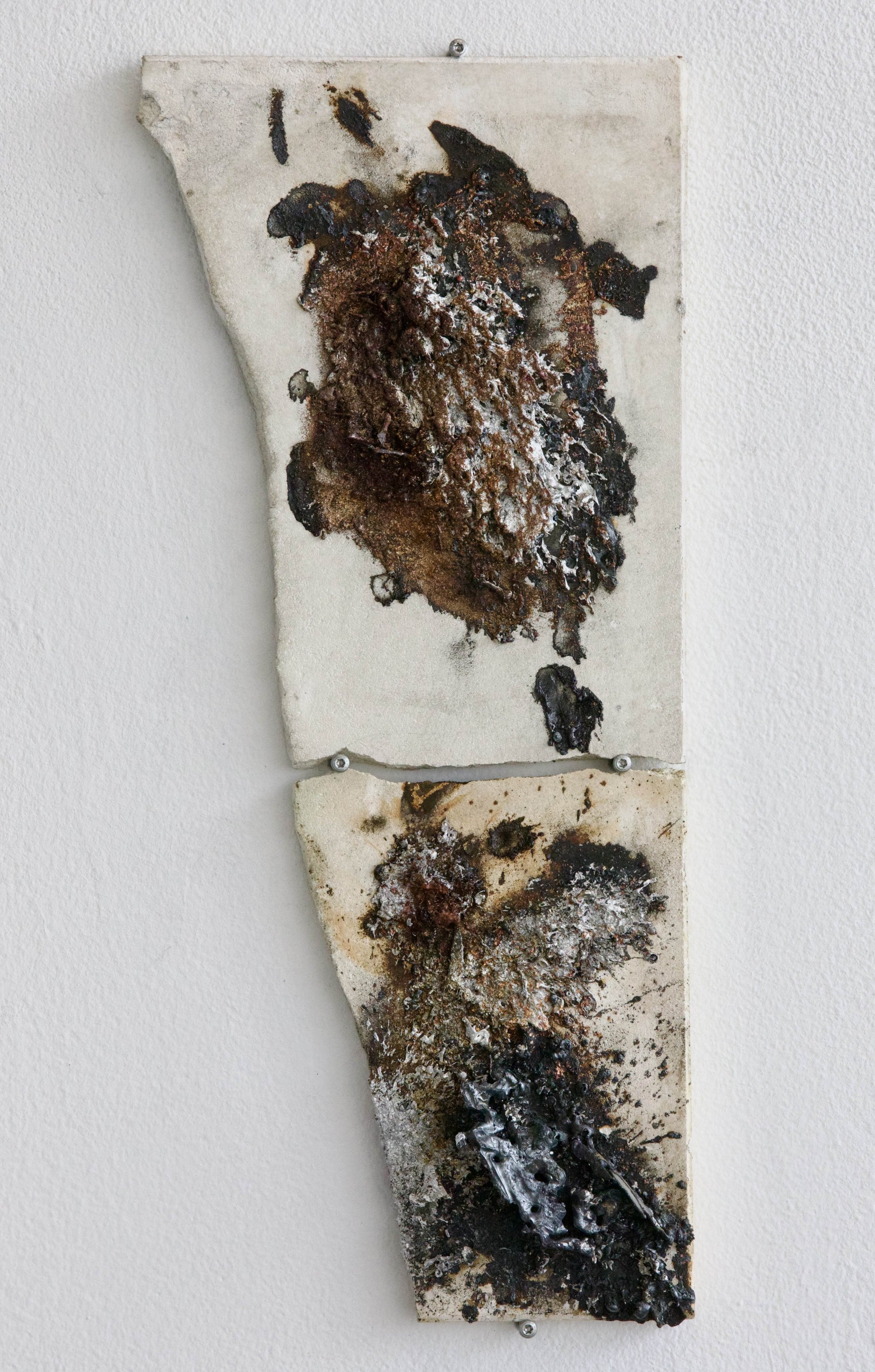 Two stacked mineral tile panels with sprayed copper, aluminium and steel deposits, bolted wall mount