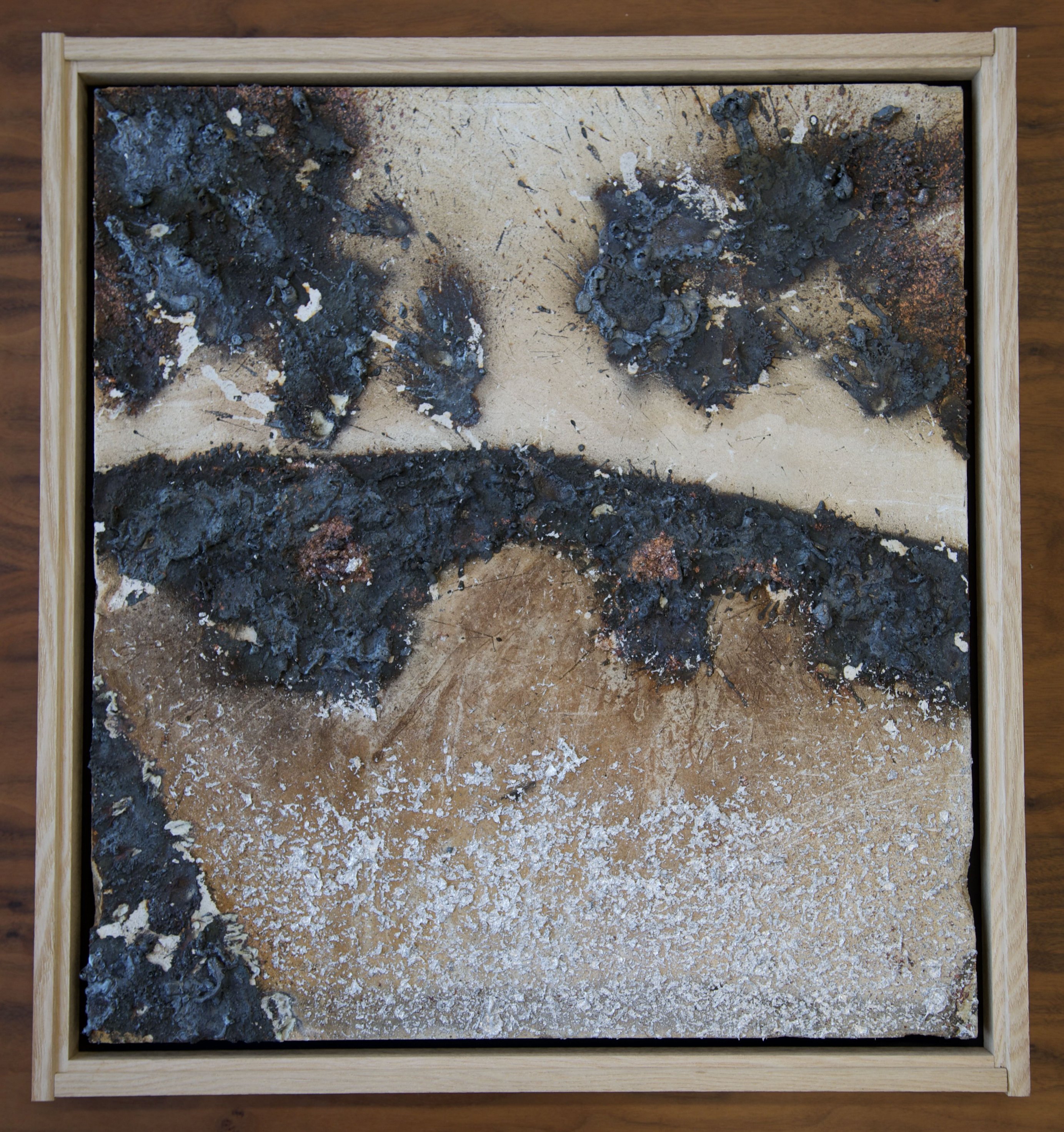 Dormant river: wall-mounted mineral tile panel with sprayed steel, aluminium and copper deposits, framed in ash